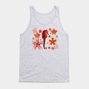 RED SEAHORSE AND SEASTARS IN TURQUOISE BLUE GREEN Sea Life Tank Top